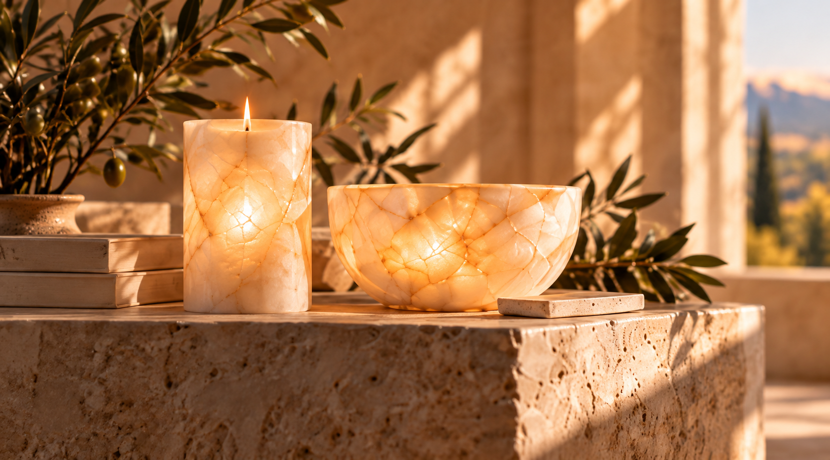 Warmly glowing stone candle vessels