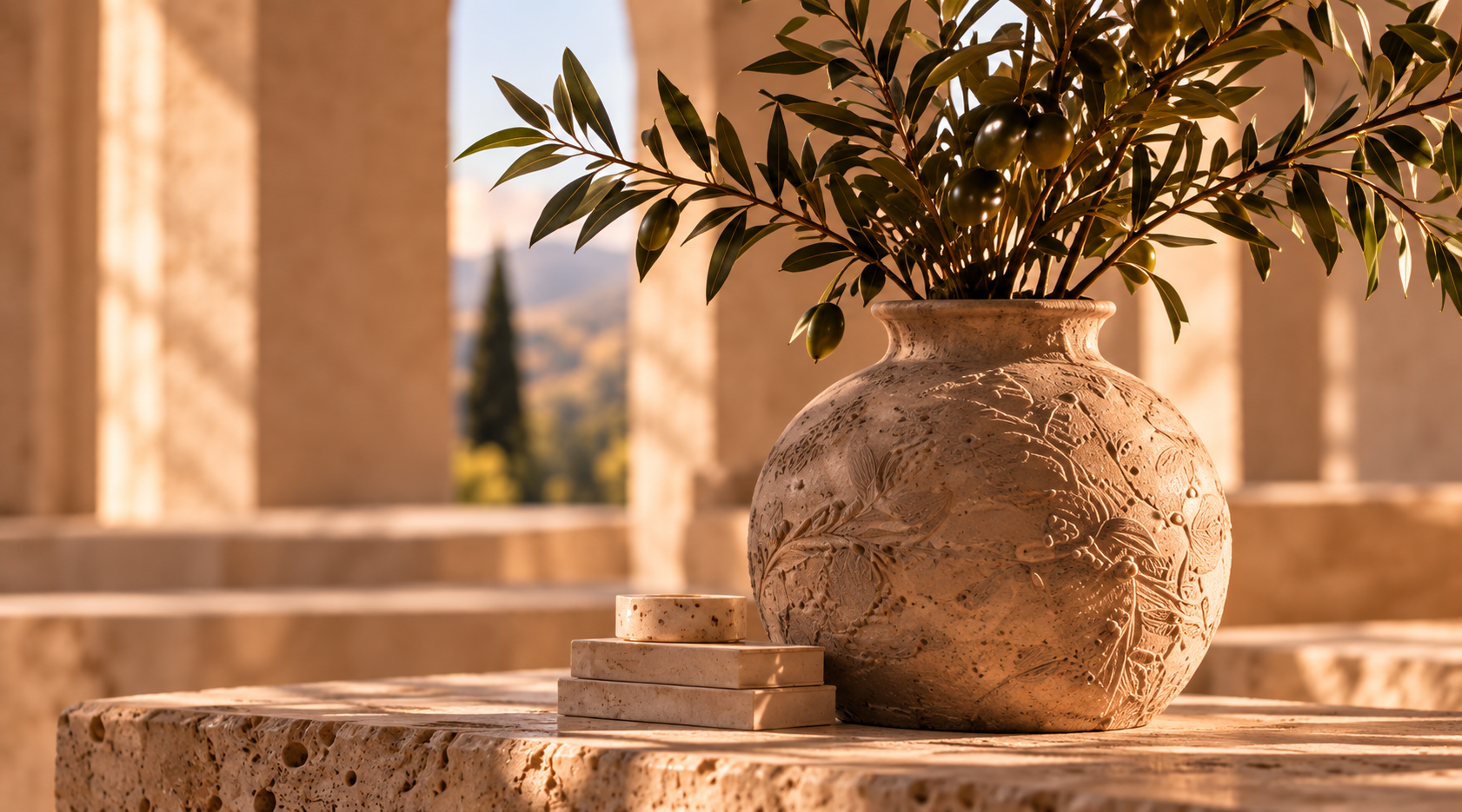 Textured vase with olive branches