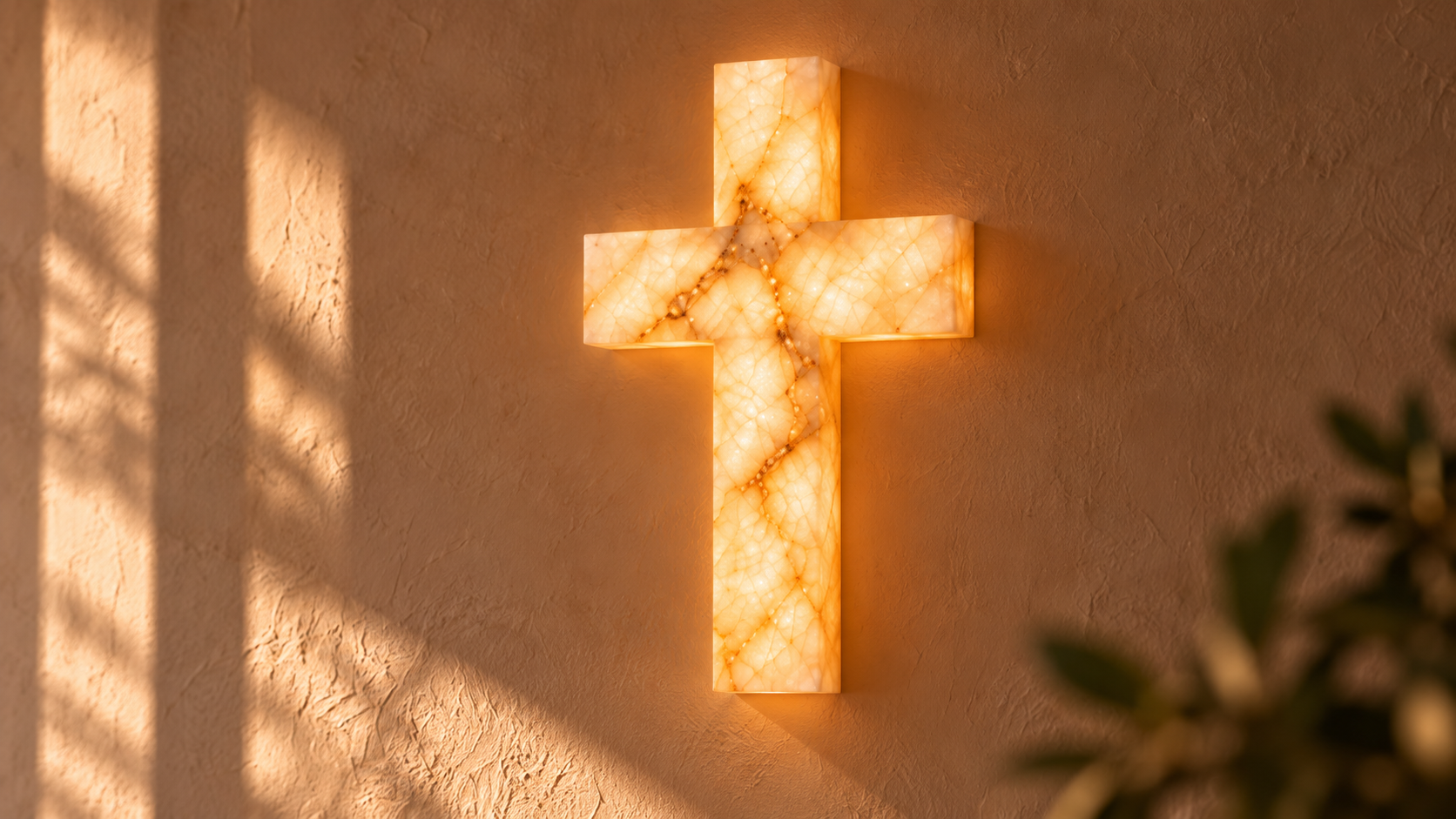 Illuminated stone cross on a warm beige wall